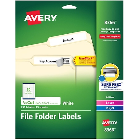 Avery File Folder Labels, TrueBlock, 1/3 Cut, 750/PK, White PK AVE8366